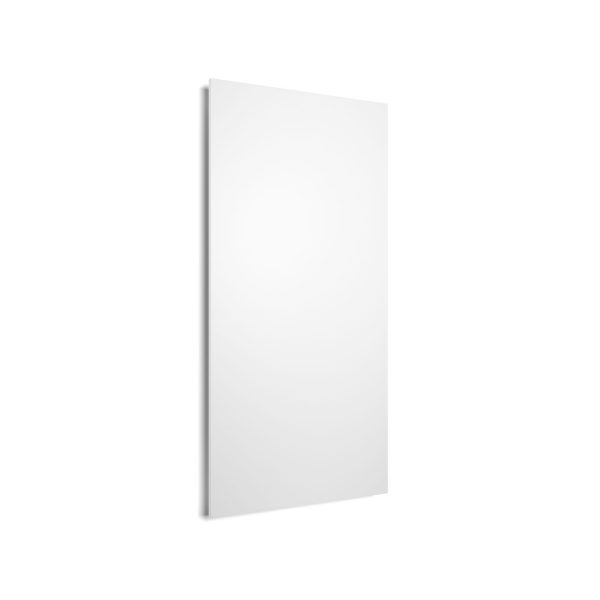 Exclusive Infrarotheizung 700 Watt rechteckig aus Metall Ansicht leicht von der Seite in reinweißer Farbe.