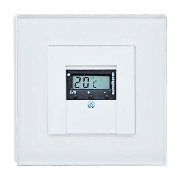 RT-et 4 elektronischer Raumtemperaturregler Unterputz für Infrarotheizungen eurotherm mit digitalem Display im Rahmen, präzise Raumtemperatursteuerung und optimalem Komfort.