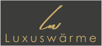 Logo des Onlinehändlers Luxuswärme Infrarotheizungen und Natursteinheizungen in Gold auf dunklem Hintergrund.