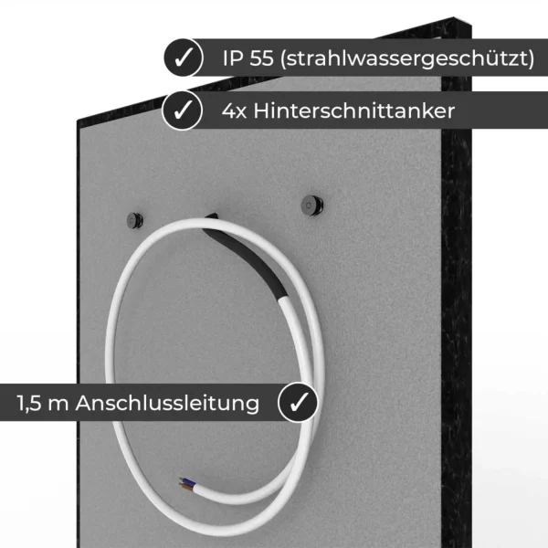 Infrarotheizung Natursteinheizung Angola Black satiniert des Herstellers eurotherm in seitlicher Rückansicht auf weißem Hintergrund mit Keyfacts.