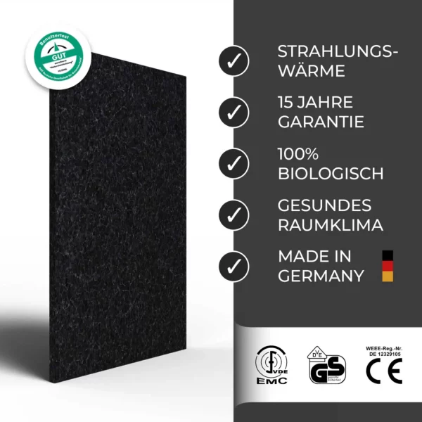 Infrarotheizung Natursteinheizung Angola Black satiniert des Herstellers eurotherm in seitlicher Ansicht auf weißem Hintergrund mit Keyfacts.