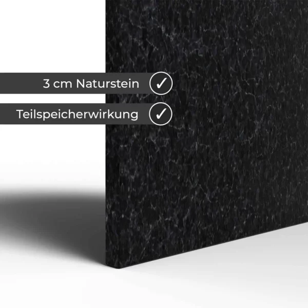 Infrarotheizung Natursteinheizung Angola Black satiniert des Herstellers eurotherm in Detailansicht auf weißem Hintergrund mit Keyfacts.