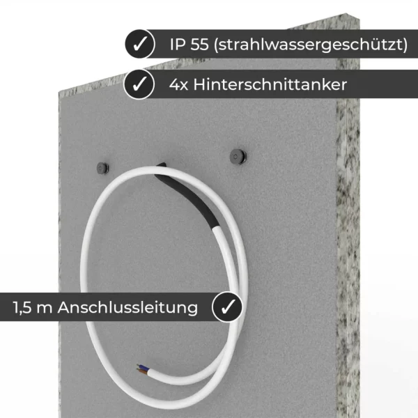 Infrarotheizung Natursteinheizung Bethel White satiniert des Herstellers eurotherm in seitlicher Rückansicht auf weißem Hintergrund und Keyfacts.