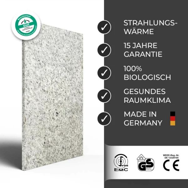 Infrarotheizung Natursteinheizung Bethel White satiniert des Herstellers eurotherm in seitlicher Frontansicht auf weißem Hintergrund und Keyfacts Banner auf rechter Seite.