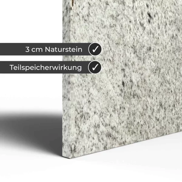Infrarotheizung Natursteinheizung Bethel White satiniert des Herstellers eurotherm in Detailansicht auf weißem Hintergrund und Keyfacts.