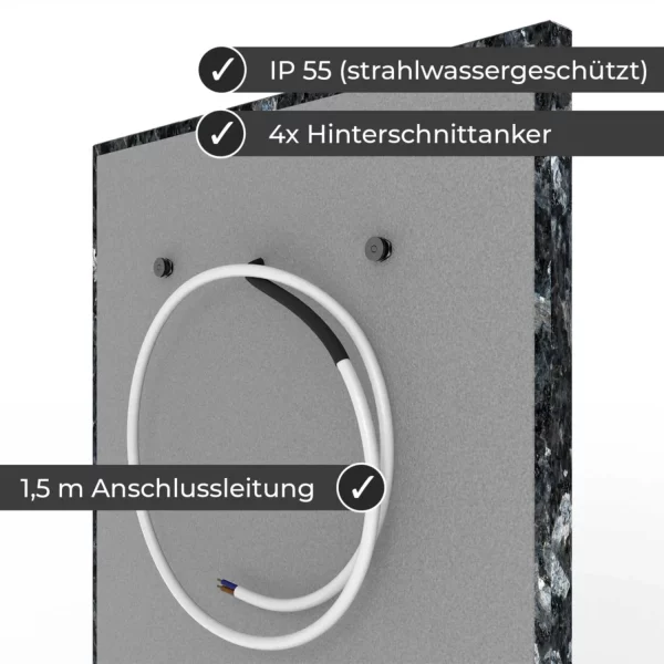 Infrarotheizung Natursteinheizung Blue Pearl poliert des Herstellers eurotherm in seitlicher Rückansicht auf weißem Hintergrund mit Keyfacts.