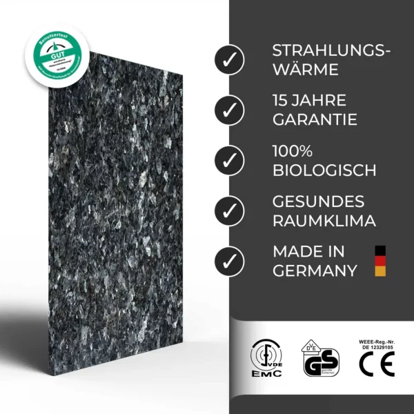 Infrarotheizung Natursteinheizung Blue Pearl poliert des Herstellers eurotherm in seitlicher Ansicht auf weißem Hintergrund mit Keyfacts.