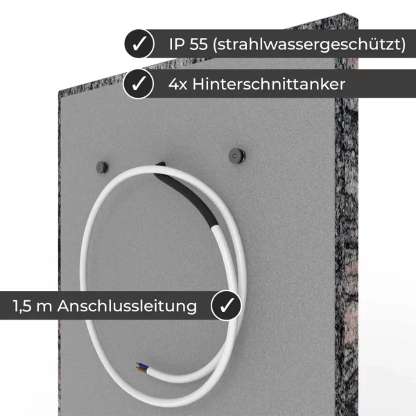 Infrarotheizung Natursteinheizung Juparana poliert des Herstellers eurotherm in seitlicher Rückansicht auf weißem Hintergrund mit Keyfacts.