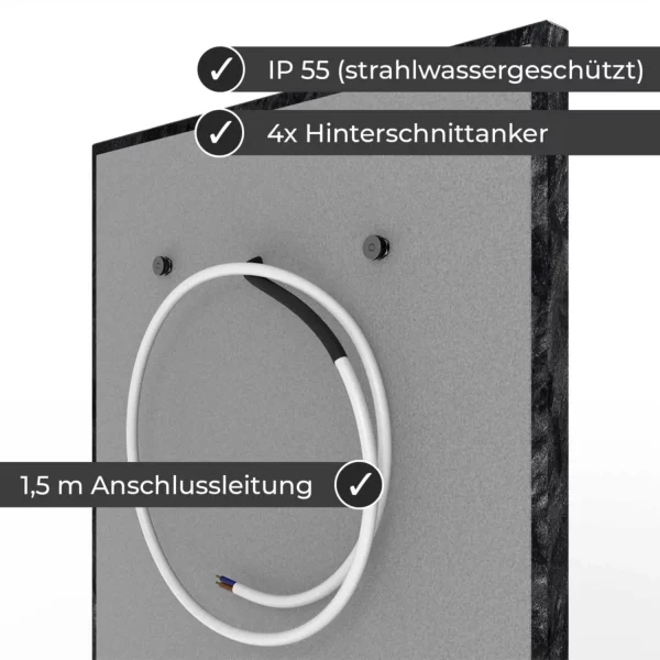 Infrarotheizung Natursteinheizung Matrix gebürstet des Herstellers eurotherm in seitlicher Rückansicht auf weißem Hintergrund mit Keyfacts.