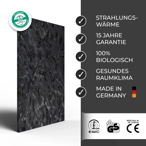 Infrarotheizung Natursteinheizung Matrix gebürstet des Herstellers eurotherm in seitlicher Ansicht auf weißem Hintergrund mit Keyfacts.