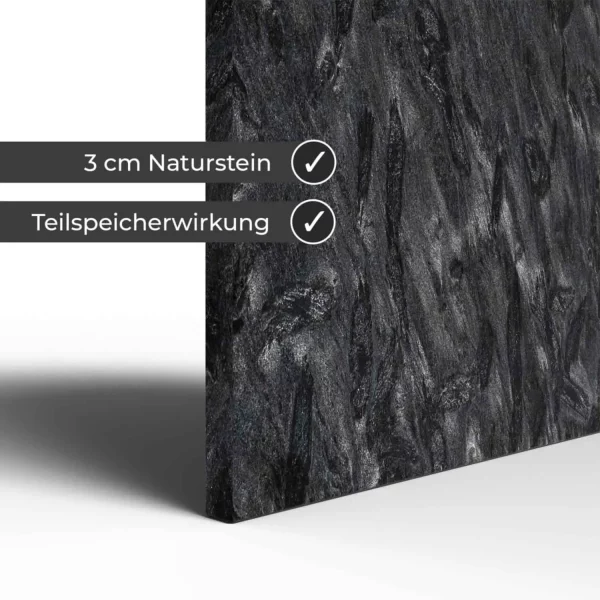 Infrarotheizung Natursteinheizung Matrix gebürstet des Herstellers eurotherm in Detailansicht auf weißem Hintergrund mit Keyfacts.