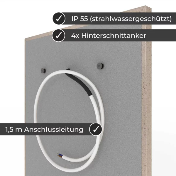 Infrarotheizung Natursteinheizung Mocca Creme feinschliff des Herstellers eurotherm in seitlicher Rückansicht auf weißem Hintergrund mit Keyfacts.