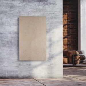 Infrarotheizung Natursteinheizung Mocca Creme feinschliff gebuerstet des Herstellers eurotherm an Wand montiert in Ambiente.
