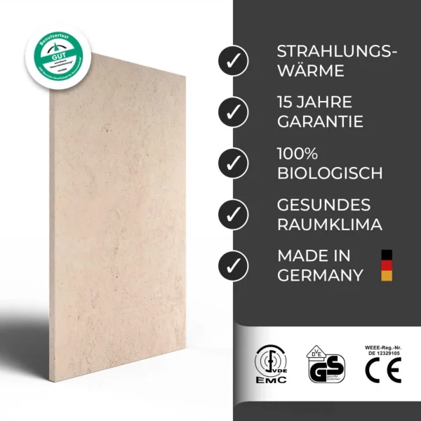Infrarotheizung Natursteinheizung Mocca Creme feinschliff des Herstellers eurotherm in seitlicher Ansicht auf weißem Hintergrund mit Keyfacts.