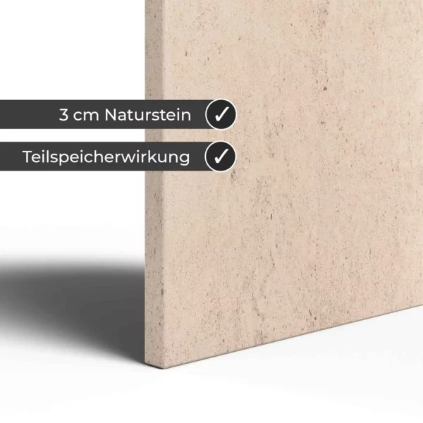 Infrarotheizung Natursteinheizung Mocca Creme feinschliff des Herstellers eurotherm in Detailansicht auf weißem Hintergrund mit Keyfacsts.