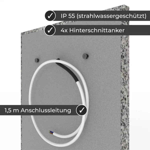 Infrarotheizung Natursteinheizung Granit feinschliff des Herstellers eurotherm in seitleicher Rückansicht auf weißem Hintergrund mit Keyfacts.