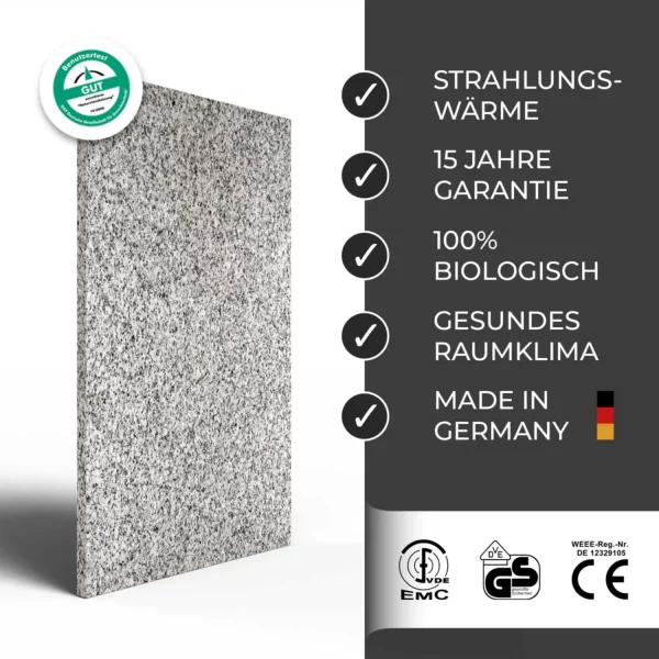 Infrarotheizung Natursteinheizung Granit feinschliff des Herstellers eurotherm in seitlicher Ansicht auf weißem Hintergrund mit Keyfacts.