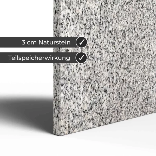 Infrarotheizung Natursteinheizung Granit feinschliff des Herstellers eurotherm in Detailansicht auf weißem Hintergrund mit Keyfacts.