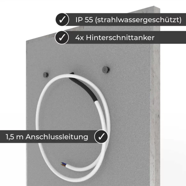 Infrarotheizung Natursteinheizung Marmor poliert des Herstellers eurotherm in seitlicher Rückansicht auf weißem Hintergrund mit Keyfacts.