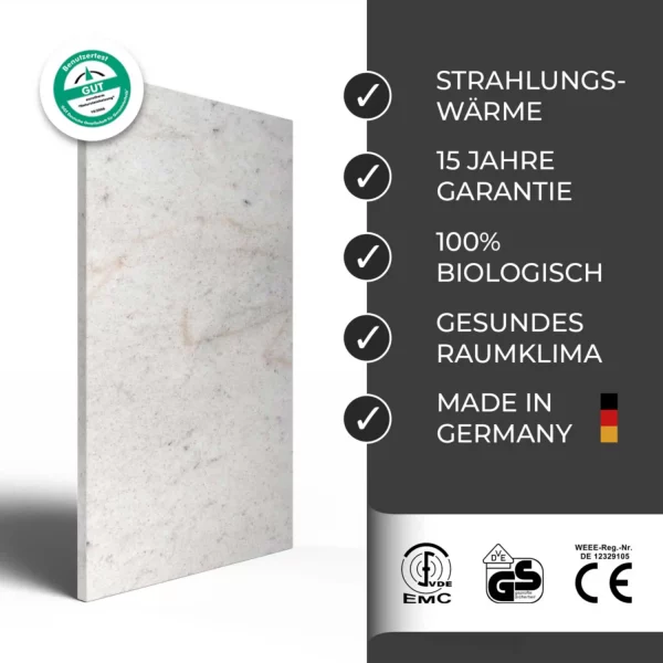Infrarotheizung Natursteinheizung Marmor poliert des Herstellers eurotherm in seitlicher Ansicht auf weißem Hintergrund mit Keyfacts.