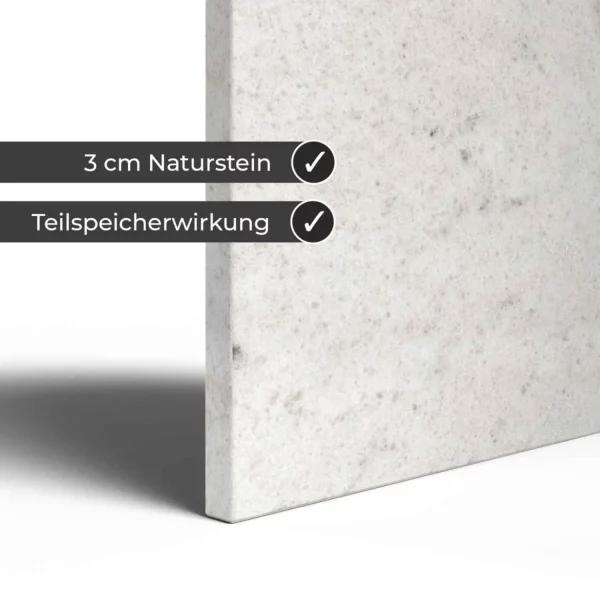Infrarotheizung Natursteinheizung Marmor poliert des Herstellers eurotherm in Detailansicht auf weißem Hintergrund mit Keyfacts.