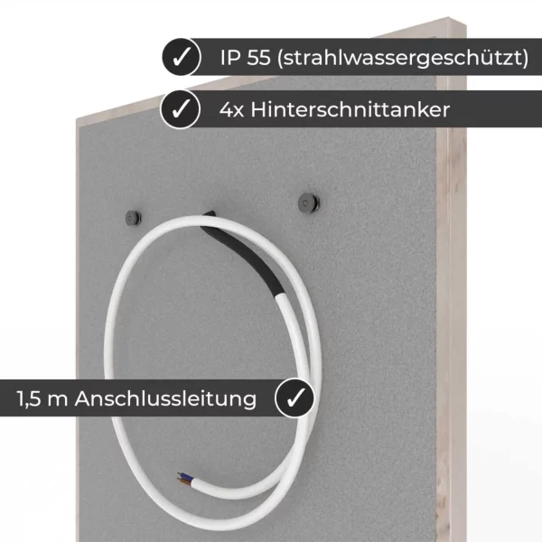 Infrarotheizung Natursteinheizung P. Cassico poliert des Herstellers eurotherm in seitlicher Rückansicht auf weißem Hintergrund mit Keyfacts.