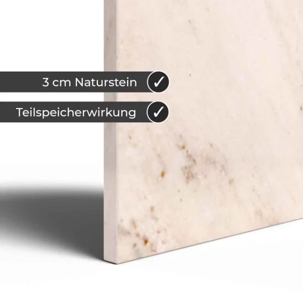 Infrarotheizung Natursteinheizung P. Cassico poliert des Herstellers eurotherm in Detailansicht auf weißem Hintergrund mit Keyfacts.