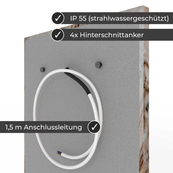 Infrarotheizung Natursteinheizung P. Oniciato poliert des Herstellers eurotherm in seitlicher Rückansicht auf weißem Hintergrund mit Keyfacts.