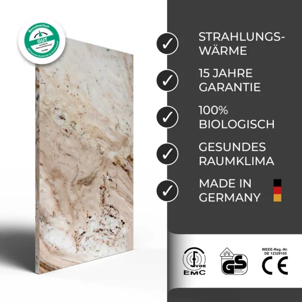 Infrarotheizung Natursteinheizung P. Oniciato poliert des Herstellers eurotherm in Frontansicht auf weißem Hintergrund.