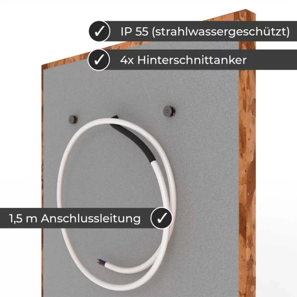 Infrarotheizung Natursteinheizung Rosso Verona gebürstet des Herstellers eurotherm in seitlicher Rückansicht auf weißem Hintergrund mit Keyfacts.