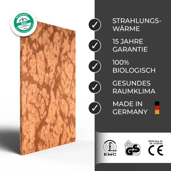 Infrarotheizung Natursteinheizung Rosso Verona gebürstet des Herstellers eurotherm in seitlicher Ansicht auf weißem Hintergrund mit Keyfacts.