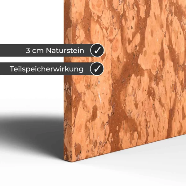 Infrarotheizung Natursteinheizung Rosso Verona gebürstet des Herstellers eurotherm in Detailansicht auf weißem Hintergrund mit Keyfacts.