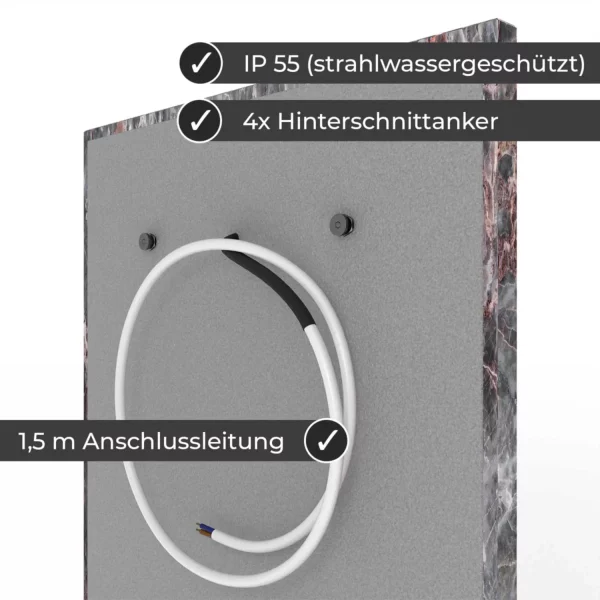 Infrarotheizung Natursteinheizung Salome poliert des Herstellers eurotherm in seitlicher Rückansicht auf weißem Hintergrund mit Keyfacts.