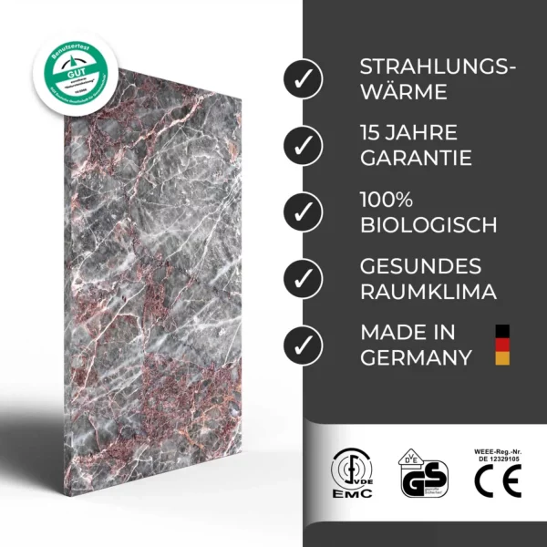 Infrarotheizung Natursteinheizung Salome poliert des Herstellers eurotherm in seitlicher Ansicht auf weißem Hintergrund mit Keyfacts.
