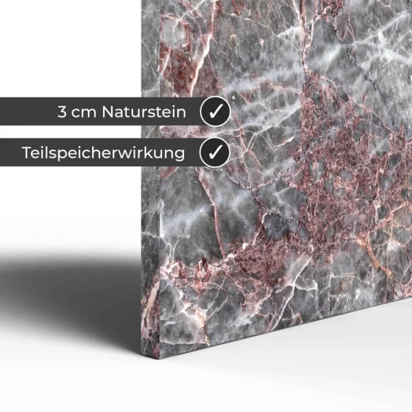 Infrarotheizung Natursteinheizung Salome poliert des Herstellers eurotherm in Detailansicht auf weißem Hintergrund mit Keyfacts.