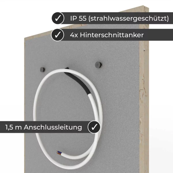 Infrarotheizung Natursteinheizung Silvia antik gebuerstet des Herstellers eurotherm in seitlicher Rückansicht auf weißem Hintergrund mit Keyfacts.
