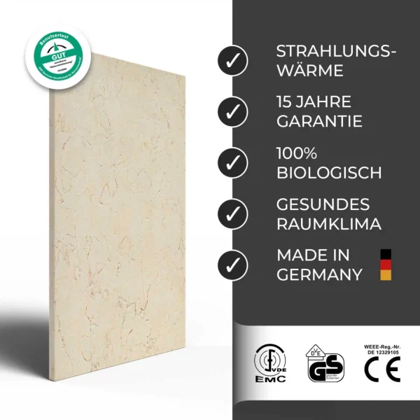 Infrarotheizung Natursteinheizung Silvia antik gebuerstet des Herstellers eurotherm in seitlicher Ansicht auf weißem Hintergrund mit Keyfacts.
