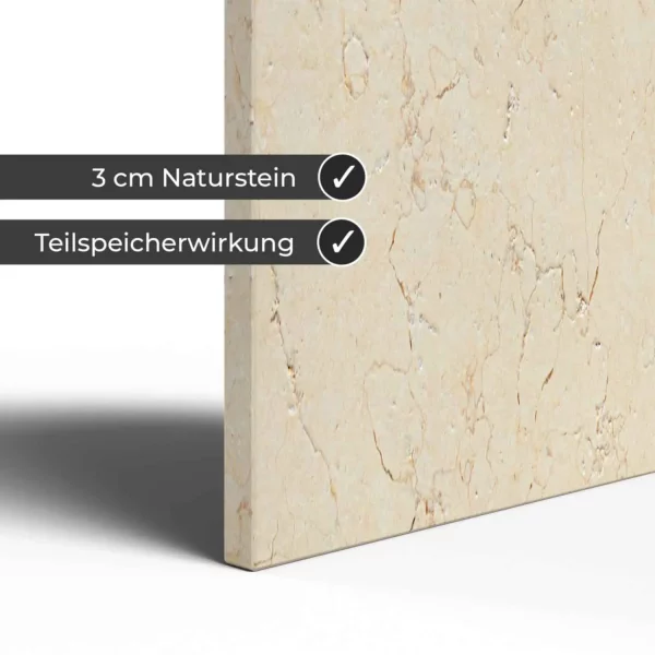 Infrarotheizung Natursteinheizung Silvia antik gebuerstet des Herstellers eurotherm in Detailansicht auf weißem Hintergrund mit Keyfacts.