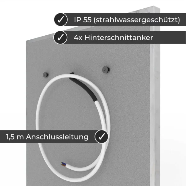 Infrarotheizung Natursteinheizung V. Varios poliert des Herstellers eurotherm in seitlicher Rückansicht auf weißem Hintergrund.
