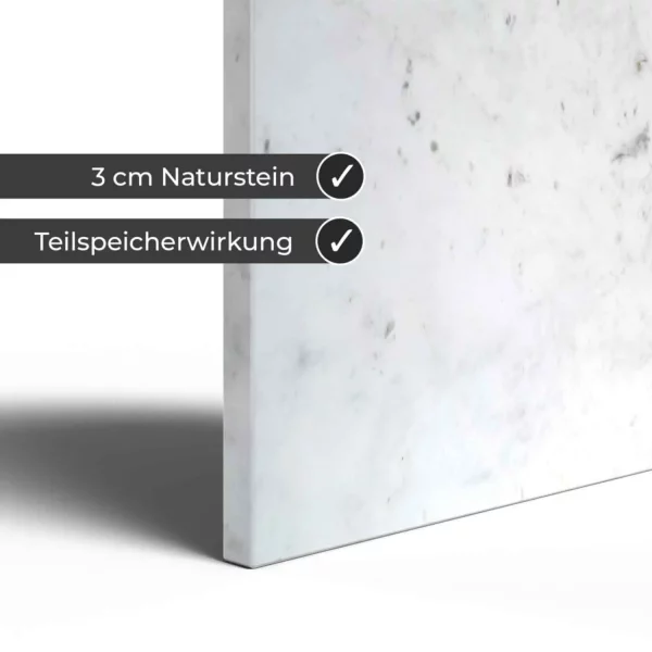 Infrarotheizung Natursteinheizung V. Varios poliert des Herstellers eurotherm in Detailansicht auf weißem Hintergrund mit Keyfacts.