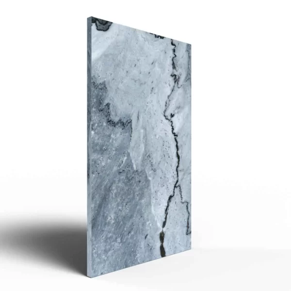 Infrarotheizung Natursteinheizung Valentina Grey poliert des Herstellers eurotherm in seitlicher Ansicht auf weißem Hintergrund.