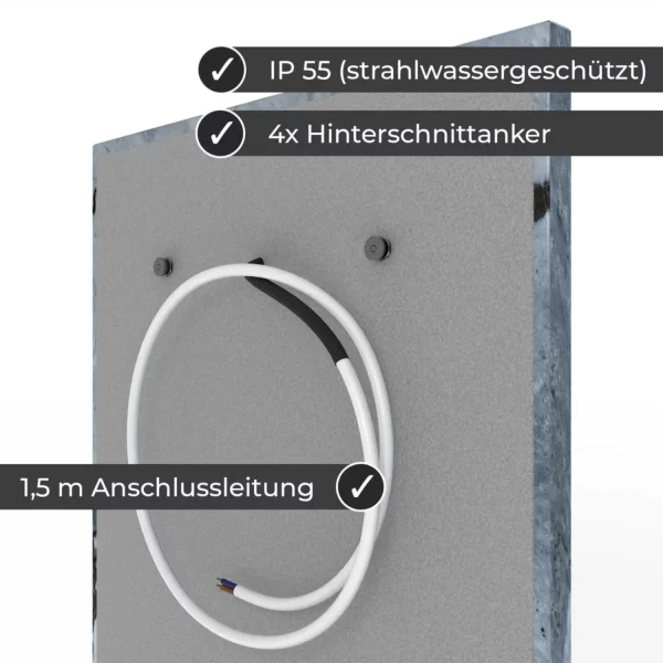 Infrarotheizung Natursteinheizung Valentina Grey poliert des Herstellers eurotherm in seitlicher Rückansicht auf weißem Hintergrund mit Keyfacts.