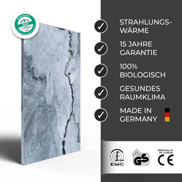 Infrarotheizung Natursteinheizung Valentina Grey poliert des Herstellers eurotherm in seitlicher Ansicht auf weißem Hintergrund mit Keyfacts.