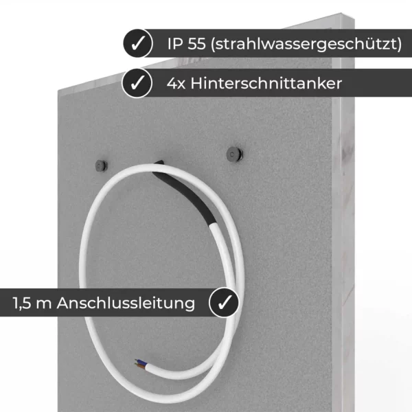 Infrarotheizung Natursteinheizung Volakos poliert des Herstellers eurotherm in seitliche Rückansicht auf weißem Hintergrund mit Keyfacts.