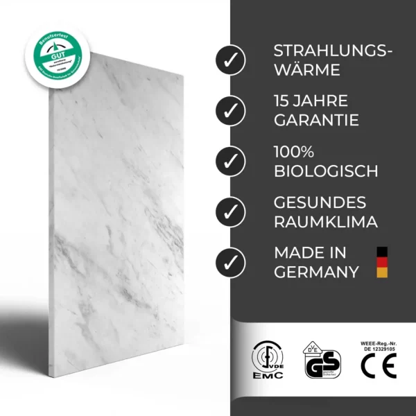 Infrarotheizung Natursteinheizung Volakos poliert des Herstellers eurotherm in seitlicher Ansicht auf weißem Hintergrund mit Keyfacts.