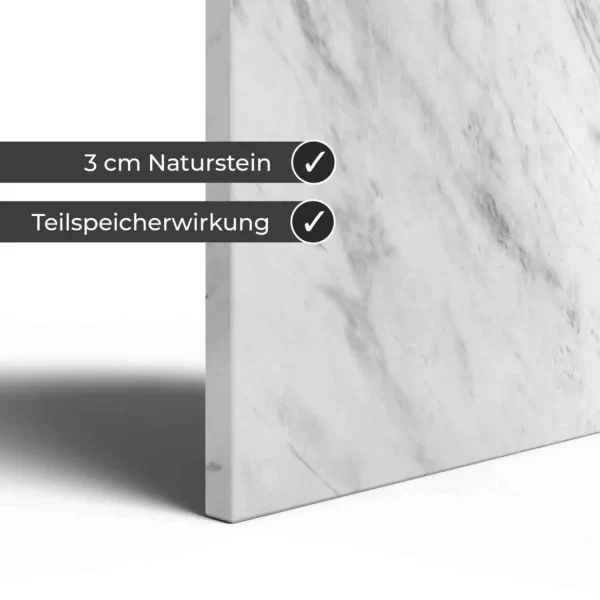 Infrarotheizung Natursteinheizung Volakos poliert des Herstellers eurotherm in Deataiansicht auf weißem Hintergrund mit Keyfacts.