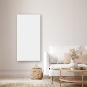 Design Infrarot-Heizung Metall Weiß an Wohnzimmerwand, modernes Ambiente – Luxuswärme