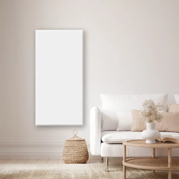 Design Infrarot-Heizung Metall Weiß an Wohnzimmerwand, modernes Ambiente – Luxuswärme