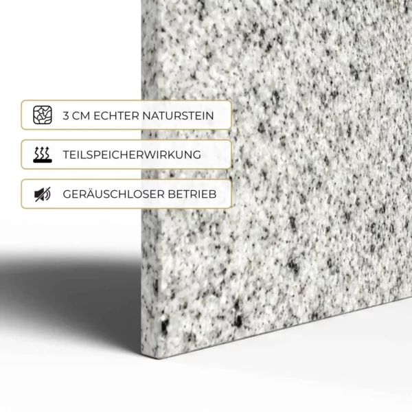 Natursteinheizung Bethel White im Detail: 3 cm echter Naturstein, Teilspeicherwirkung, geräuschloser Betrieb – Luxuswärme