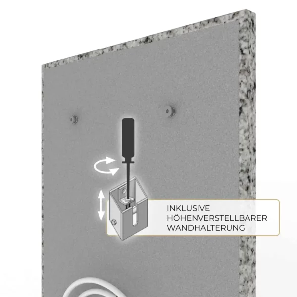 Natursteinheizung Bethel White mit höhenverstellbarer Wandhalterung, Montagedetail – Luxuswärme